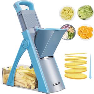 QYKIC Upgrade Safe Mandoline Slicer for Kitchen, Vegetable Chopper and Slicer, Potato Slicer Thickness Adjuster, French Fry Cutter, Veggie Onion Dicer Faster Kitchen Mandolin for Meal Prep (Blue)