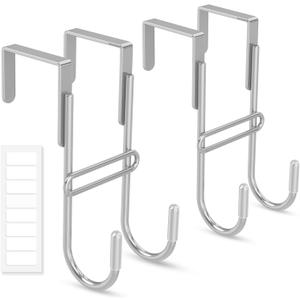FYY 2 PCS Over the Door Hooks, Heavy Duty Double Hanger with Non-Slip Pads, No-Drill Metal Hook for Hanging Coats Towels Robes Closet Bathroom Bedroom, Fits 1.45 Inch Door Thickness, 5.12" Long,Silver