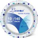 Lamosi 10 Inch Disposable Paper Plates 140 Pack, Printed Large Paper Plates Soak and Cut Proof for Picnic, Party and Daily Use