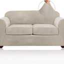 PrinceDeco Velvet Couch Cover Loveseat Covers for 2 Cushion Couch 3 Piece Sofa Covers for Dogs Washable Loveseat Covers Width Up to 72 Inch No Slip Stretch Sofa Slipcover(Medium, French Oak)