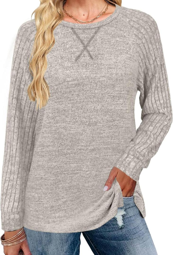 JomeDesign Long Sleeve Shirts for Women Crew Neck Sweatshirts Lightweight Sweaters Side Split Loose Casual Blouses (S)