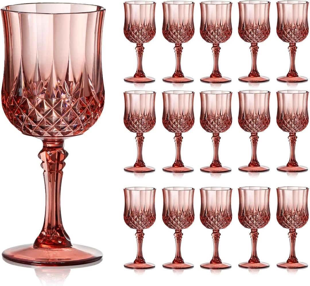 XUWAIDSGN 16 Pcs 7oz Plastic Vintage Glasses Drinking Glasses Unbreakable Wedding Glassware Crystal Water Goblets Reusable Drinkware Vintage Champagne Flutes (16, Rose Gold)