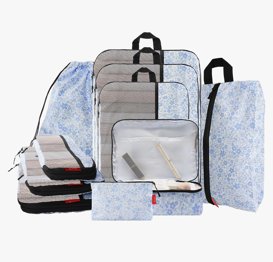 U+U 10 Set Compression Packing Cubes - Ultralight Travel Organizers with Laundry Bag and Cosmetic Bag, Space-Saving Suitcase Organizer for Travel, Business Trip and Family Vacation (Blue Flower)