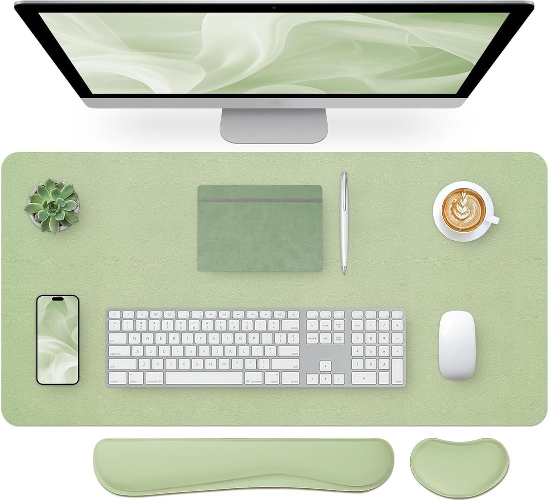Bloss Leather Desk Mat and Keyboard Wrist Rest, Large Mouse Pad + Keyboard Pad+Mouse Wrist Support, Non-Slip Desk Mat Protector for St Patricks Day(31.515.7 Inches, Green)