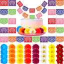 56 Pcs Fiesta Cake Topper Mini Mexican Papel Picado Banner and Flowers Cake Decor Toppers Fiesta Decorations for Party Decorations Mexican Themed Birthday Party Supplies