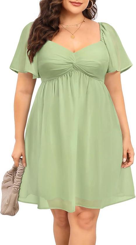 Pinup Fashion Women Graduation Dress Plus Size - Homecoming Sweetheart Neckline Chiffon A-Line Short Dresses (20 Plus, Sage Green Short Sleeve)