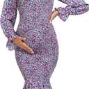 Spring Long Puff Sleeve Maternity Dress Floral Ruffle Hem Mermaid Baby Shower/Photoshoot Dress (M)