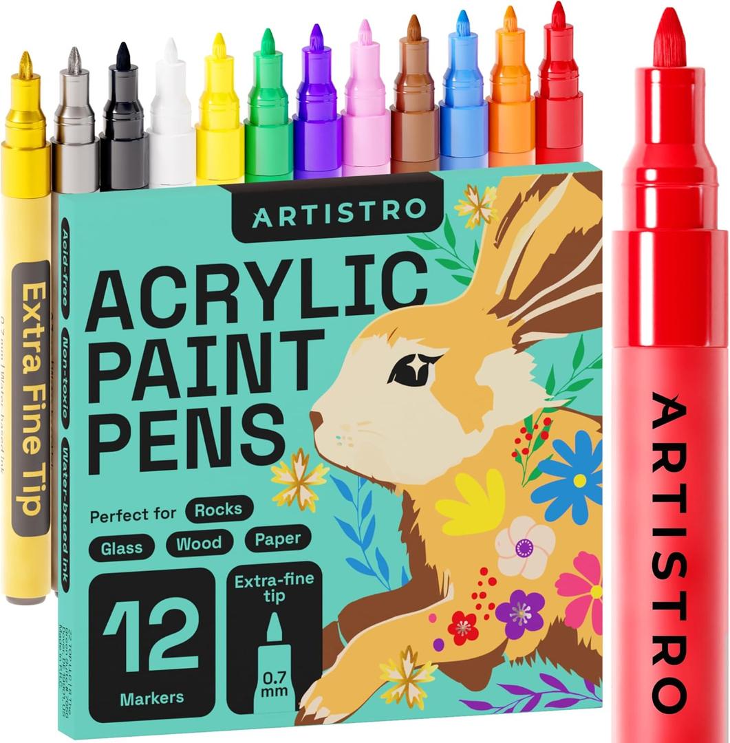 ARTISTRO 12 Acrylic Paint Markers, Acrylic Paint Pens, Fabric Markers for Textile, Rock, Glass, Wood, Paper, Ceramic, Canvas DIY Art Supplies Kit for Kids and Adults (Extra Fine Tip, 12)