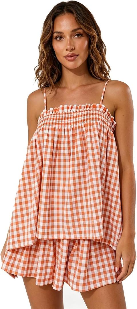Nsywmzy Women Plaid Cami Top Wide Leg Shorts 2 Piece Lounge Set (Orange, M) 