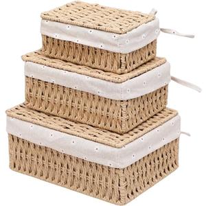 Woven Storage Baskets with Lids, Set of 3, Gray Paper Rope Wicker Bins with Lids & Removable Liners, Stackable Shelf Organizer Boxes for Bathroom Closet Nursery