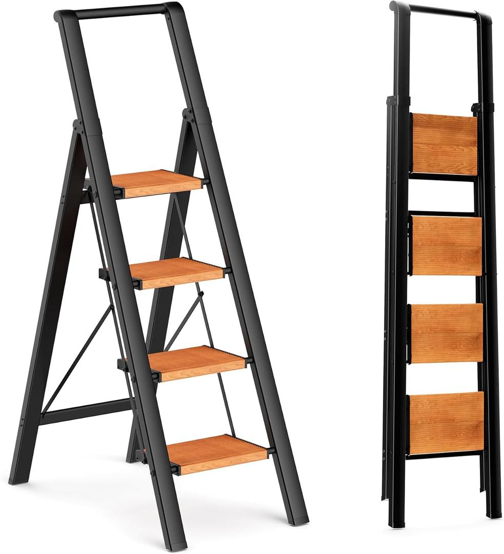 GameGem 4 Step Ladder, Lightweight Aluminum Folding Step Stool with Convenient Handgrip, Stepladders with Anti-Slip and Wide Pedal for Home Use Space Saving - Black+Woodgrain
