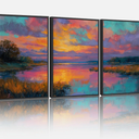 YCJKJDZ Framed Colorful Lake Scene Sunset Canvas Wall Art Set of 3, Watercolor Forest Sunset Canvas Print Artwork, Living Room, Bedroom, and Office Decor – 16x24 in