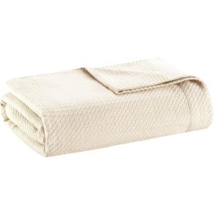 Madison Park 100% Egyptian Cotton Lightweight Summer Blanket, Breathable Waffle Knit Design, Soft Cozy All-Season Throw for Bed, Couch or Sofa, Blue Full/Queen Size (90"x90") (Cream)