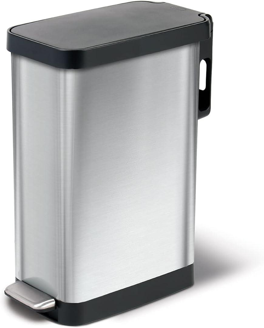 Glad Slim Trash Can with Clorox Odor Protection - Narrow Kitchen Garbage Bin with Soft Close Lid, Step On Foot Pedal and Waste Bag Roll Holder, Stainless Steel, 45 Liter