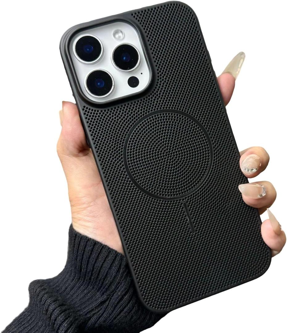 Caseative for iPhone 15 Pro Case,Heat Dissipation Breathable Hollow Mesh Shockproof Magnetic Compatible with MagSafe Wireless Charging (Black,15 Pro)