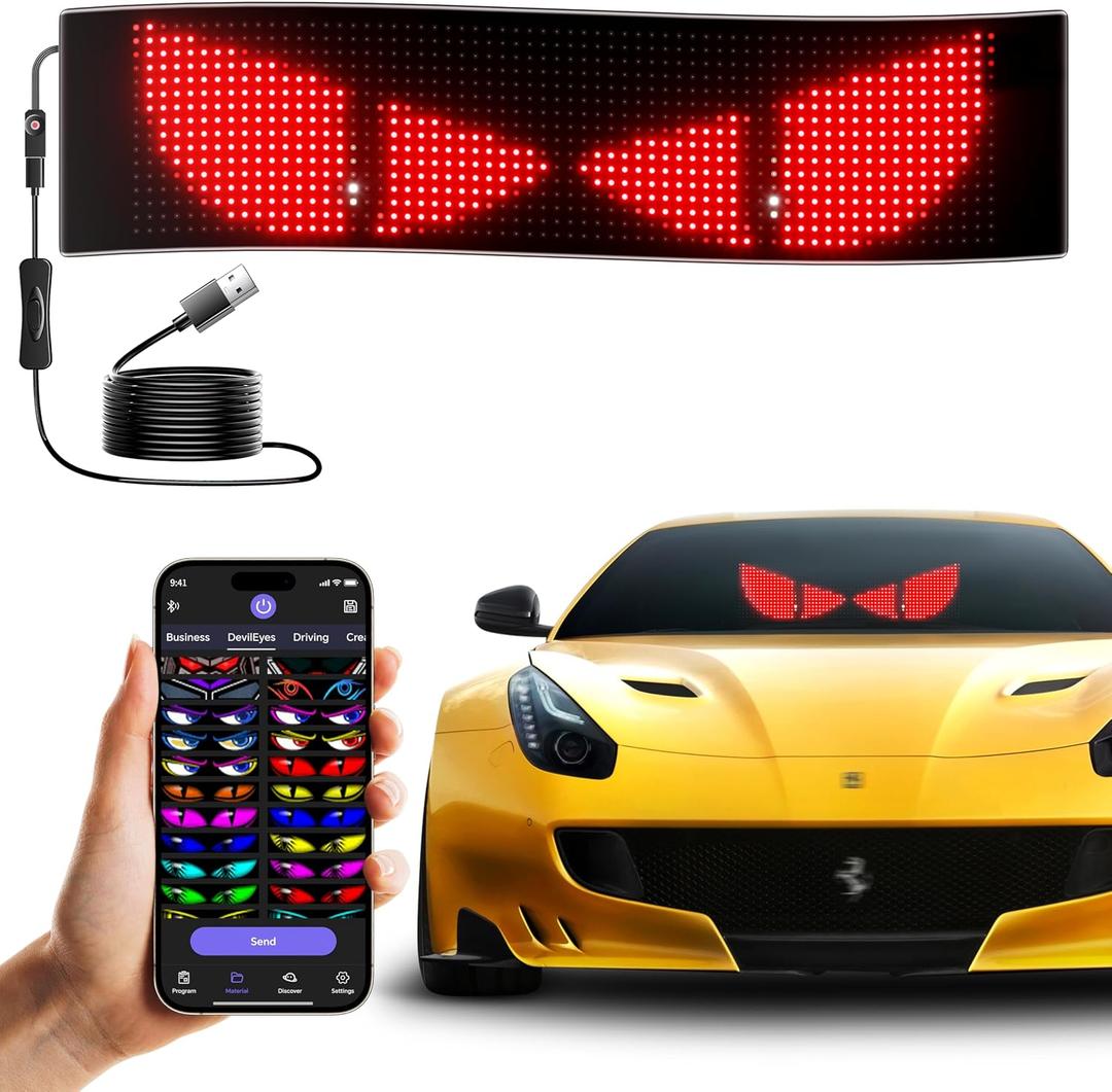LED Sign for Car Devil's Eyes Light for Windshield APP Control Scrolling Display Custom Sign DIY Programmable Flexible USB 5V LED Name Sign for Window Ads (15 * 4in)