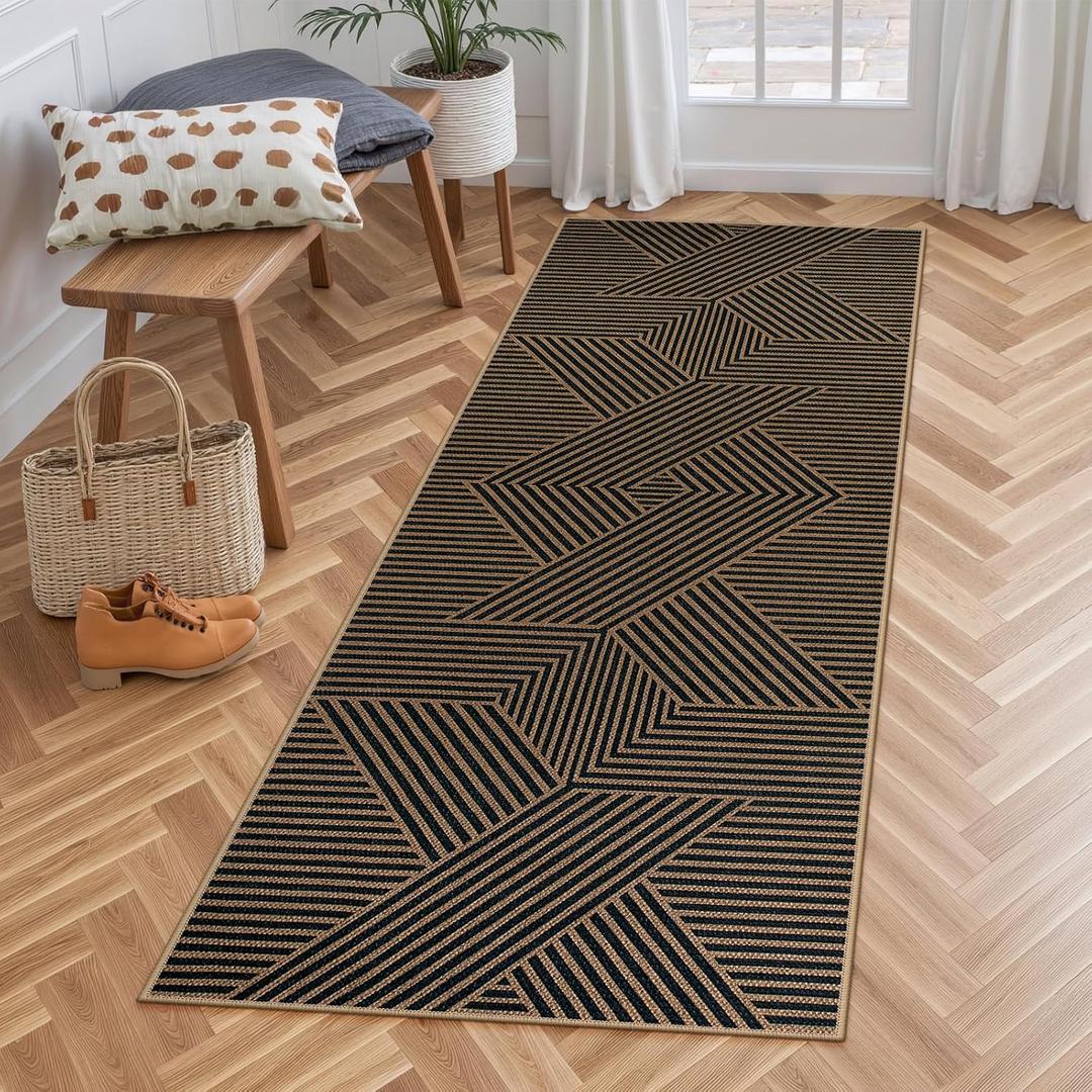 Lahome Modern Geometric Runner Rug, 2x6 Washable Rug Runners for Hallways Non Slip, Black Outdoor Carpet with Rubber Backing, Farmhouse Non Shedding Kitchen Mats for Floor Entryway Black/Nature Geometric