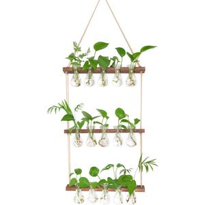 XXXFLOWER Wall Hanging Propagation Station with Wooden Stand 5 Bulb Vase 3 Tiers Planters Wall Terrarium for Home Office Plant Hanger Flower Vases Wall Decor(Brown)