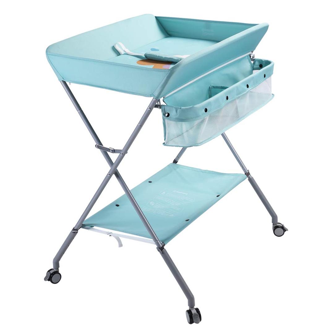 EGREE Baby Changing Table Portable Folding Diaper Changing Station with Wheels, Adjustable Height Mobile Nursery Organizer with Safety Belt and Large Storage Racks for Newborn Baby and Infant, Green