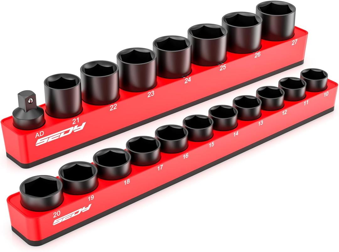 2-Piece 1/2"-Drive Metric Magnetic Socket Organizer Set (Holds 19 Sockets) - Detachable Tool Tray with 5mm Magnetic Base, Screw-Fixed Design & Heavy-Duty Modular Storage for Garage/Home Workshop