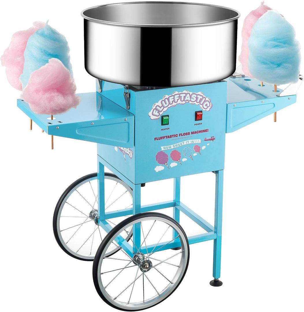 Cotton Candy Machine With Cart 1000W Flufftastic Floss Maker With Stainless-Steel Pan, Side Trays, And 13in Wheels By Great Northern Popcorn (Blue)