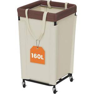 Laundry Basket with Wheels, Laundry Hamper with Removable Bag and Steel Frame, 160L Rolling Dirty Clothes Basket for Bedroom, Bathroom, Laundry Room (White-Brown)