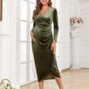 AISWI Velvet Maternity Cocktail Dress Long Sleeves Fall Winter Baby Shower Wedding Guest Holiday Pregnancy V Neck (XL)