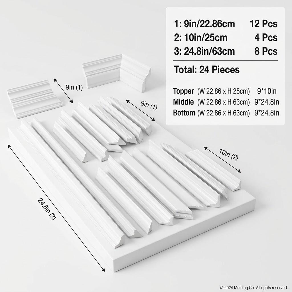 24-Piece Peel and Stick Wall Molding Kit | Pre-Cut Decorative Picture Frame Wainscoting Trim Set (Includes 9", 10", and 24.8" Pieces), Comes with 12 pieces of 9 in (22.86 cm), 4 pieces of 10 in (25 cm), and 8 pieces of 24.8 in (63 cm) moldings.