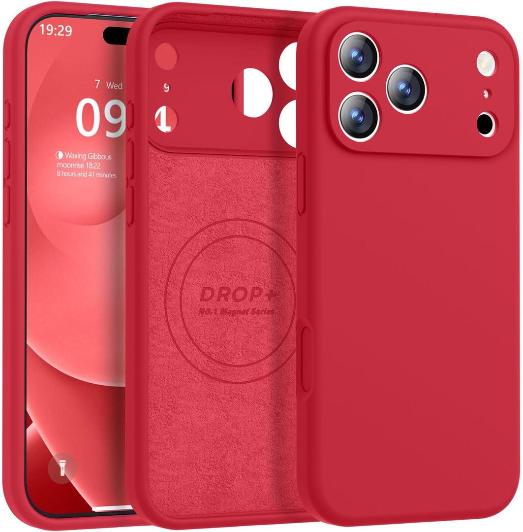 Magnetic for iPhone 17 Pro Case [Compatible with Magsafe] [Premium Silicone Satin-Smooth Touch] Slim Shockproof Anti-Scratch Microfiber Lining Case, 6.3 inch, Red