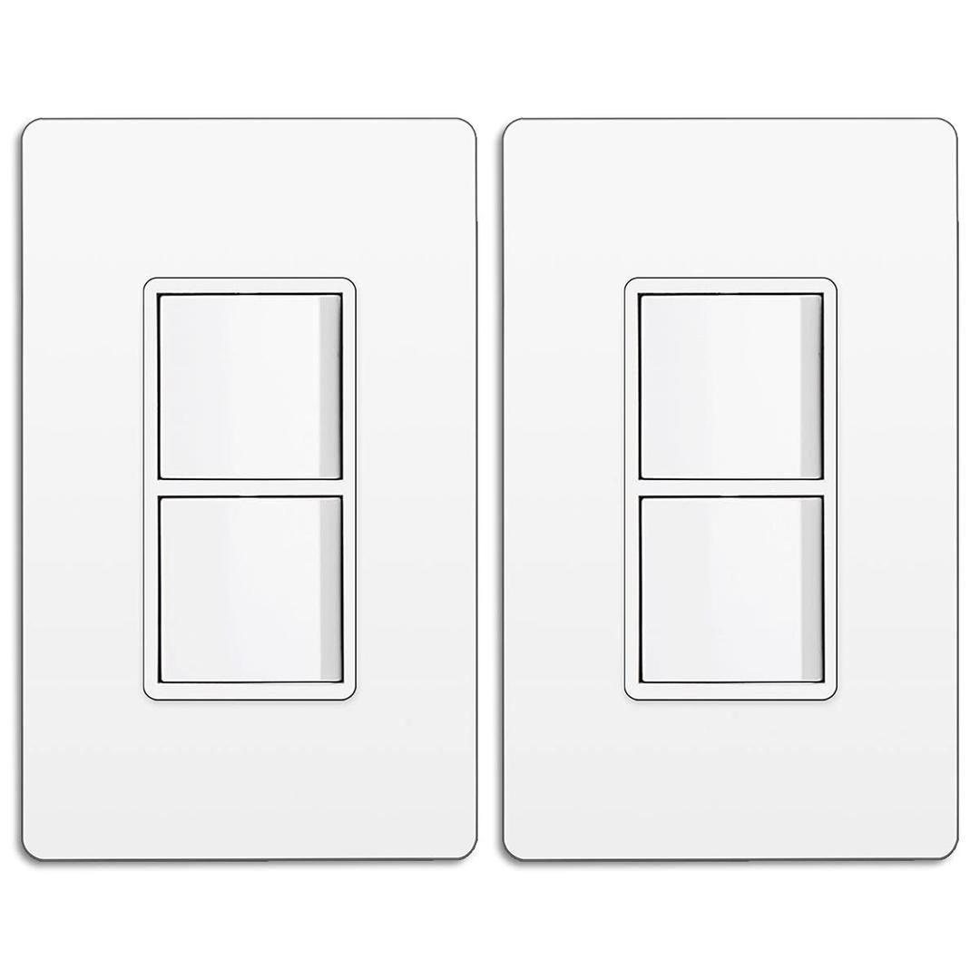 BESTTEN 2 Pack Double Rocker Light Switch, Two Single Pole Electrical Paddle Switch, 15A 120V, Dual in-Wall, Combination Interrupter, Screwless Wallplate Included, UL Listed, White