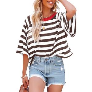 IWOLLENCE Women's Loose Casual Summer Striped Tops Crewneck 1/2 Short Sleeve Color Block Tee Oversized Cropped Shirts (M)