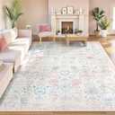 Lahome Flavie 8x10 Washable Rug for Nursery, Soft Carpet for Snug Bedroom Non Slip, Low Pile Boho Pink and White Area Rugs for Living Room Kids Room Classroom, Easy Care Floral Carpets, Beige
