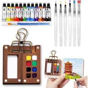 Mini Watercolor Paint Set, Portable Watercolor Paint Travel Set, Pocket Watercolor Travel Kit with 12 Color, Wooden Grid Paint Box, Sketchbook, 6 Brush, for Beginners, Artists Enthusiasts(Wooden-S)