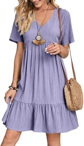 Womens Summer Dresses V-Neck Flutter Sleeve Flowy Short Dress Casual Mini Dress A-Line Ruffle Tiered Swing Dresses Small