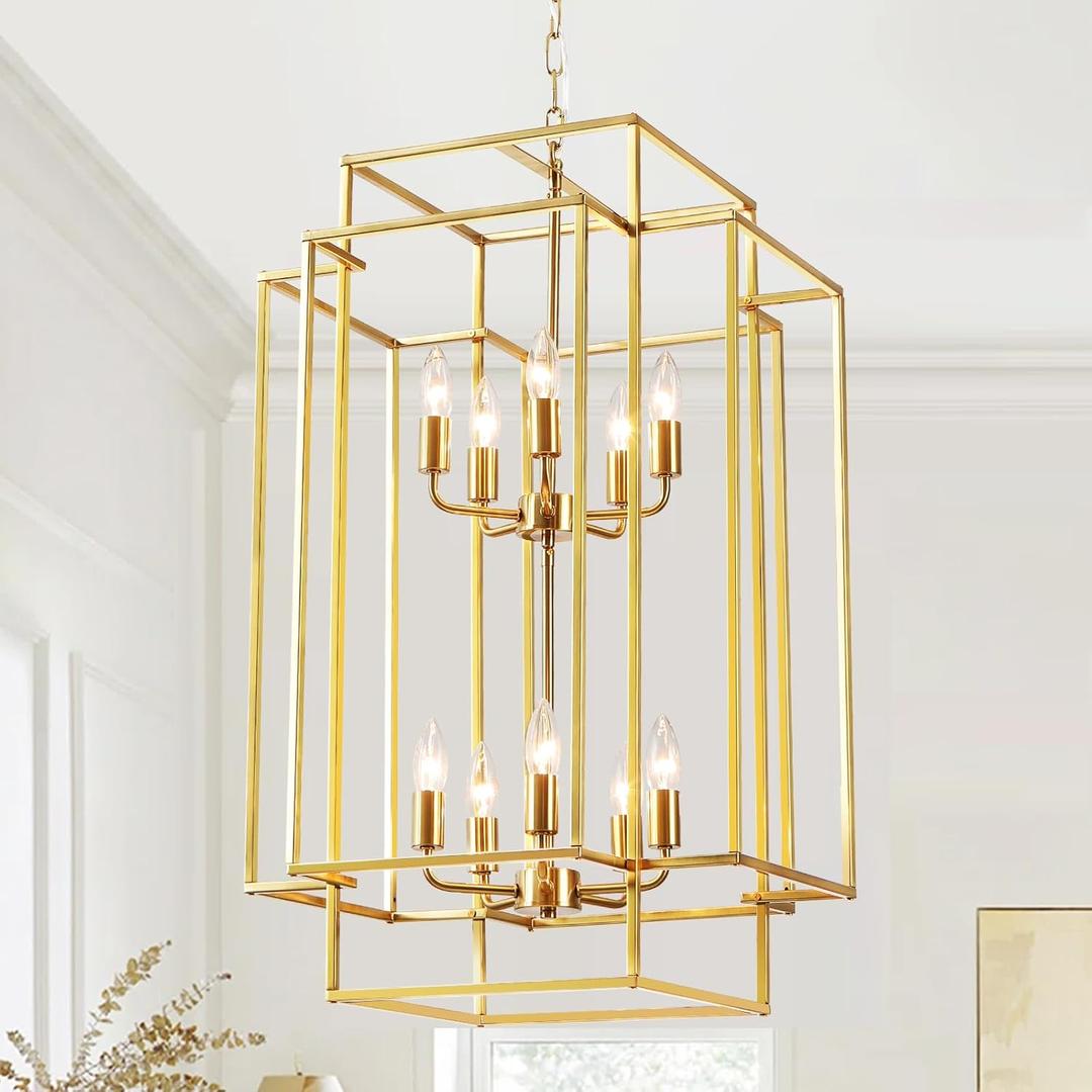 10-Light Lantern Tiered Pendant Light FixturesGold Farmhouse Chandelier High CeilingLarge Pendant Light for Foyer Entry Staircase Kitchen Island Dining Room