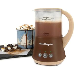Nostalgia 32 Oz Frother and Hot Chocolate Maker, Warm or Cold Milk Foam, Includes Cocoa Bomb Mold, for Coffees, Lattes, Cappuccinos, Brown