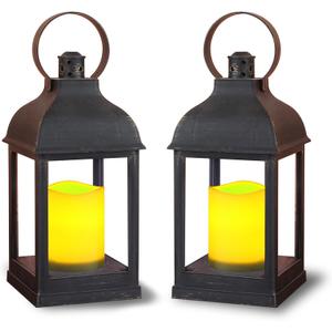 WRalwaysLX 2pack Decorative Lantern with flameless LED Candle Light, ON/Off/Timer Candle with 6Hours, Outdoor/Indoor LED Lantern, Use AAA Battery(not Include) Bronze Plastic (4x9)
