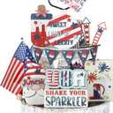 Weysat 4th of July Memorial Day Tiered Tray Decor Wooden Patriotic Decorations Independence Daytiered Tray Decor Red Blue White Wood Sign Letter Sign for Home Table(Cute)