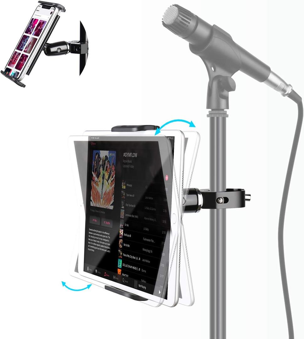 elitehood Metal iPad Holder for Mic Stand, 360 Adjustable Mic Stand Tablet Holder, Aluminum iPad Mount for Music Stand, Microphone Stand, Compatible with 4.7-13" Tablets and Cell Phones (4.5in - Single Ball Joint)