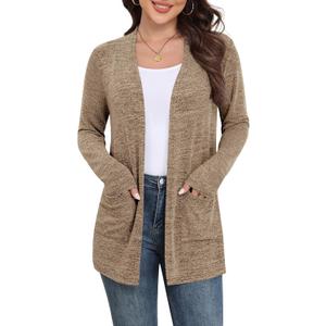 Yincro Womens Lightweight Cardigan Long Sleeve Open Front Casual Sweater Cardigans with Pockets (Brown, XXL)