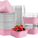 50 Pcs Mini Square Baking Cups with Lids,10oz Aluminum Foil Mini Cake Pans with Lids,Disposable Ramekins Cake Pans,300ml Dessert Cups Cupcake Pans for Wedding Birthday Party,Pink