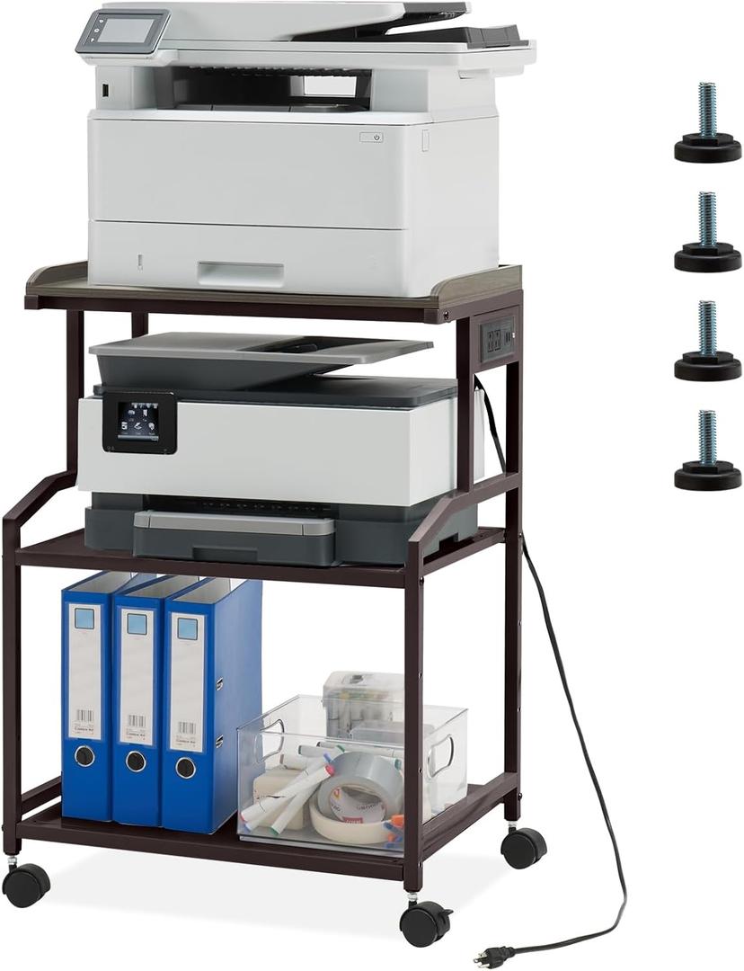 Lauren&Harold 34'' Printer Stand with Power Outlets & USB Ports, 3-Tier Adjustable Rolling Cart, Heavy Duty 150LBS Storage Table with Wheels for Office, Kitchen, Living Room, Bronze (Large)