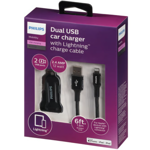 Phillips Dual USB Car Charger With USB A/USB C Charge Cable