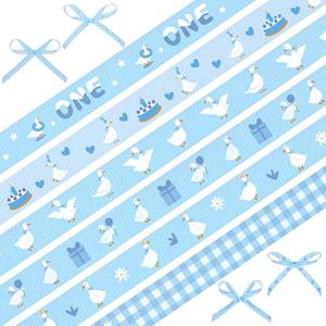 6 Rolls 30 Yards One Silly Goose Grosgrain Ribbon 3/8" Blue Goose Themed Ribbon Cute Funny Animal Birthday Ribbon for Gift Wrapping One Year Old Boys First Birthday Baby Shower Decoration