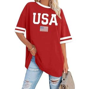 American Flag Shirts Women Oversized USA Shirt 4th of July T-Shirt Patriotic Tee Star Stripe Short Sleeve Tops, Red, M