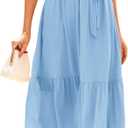 BTFBM Women Summer Bohemian Floral Casual Wrap V Neck Ruffle Cap Sleeveless Belt A-Line Pleated Hem Midi Sun Dress White (Blue, M)