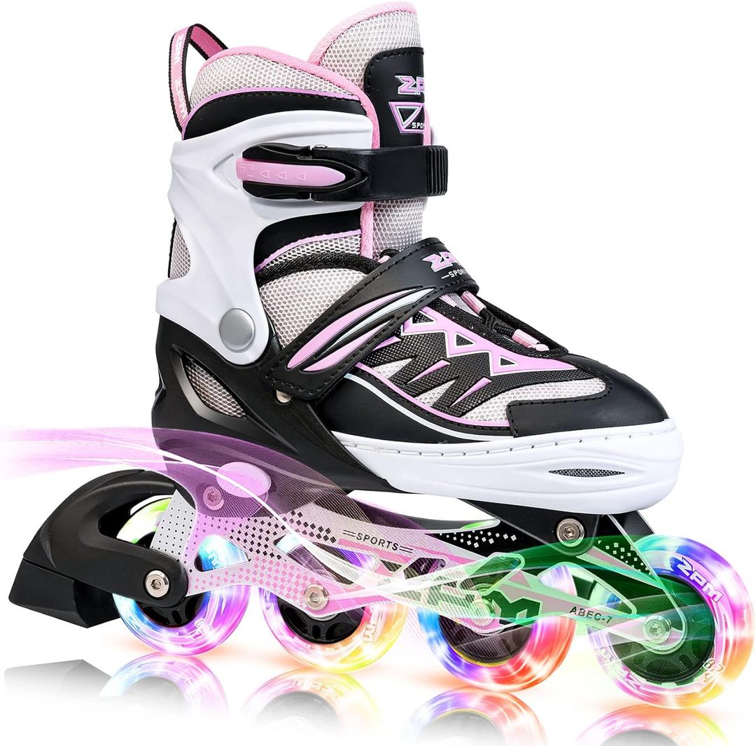 2PM SPORTS Cytia Pink Girls Adjustable Illuminating Inline Skates with Light up Wheels, Fun Flashing Beginner Roller Skates for Kids (Medium - Big Kid (13C-3 US))
