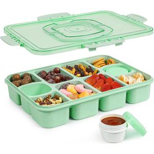 2 x Caperci Snackle Box Container - Large 10-Compartment Divided Serving Tray with Lid and Handle, Built-in 2 Dip Containers, Dishwasher Safe, Leak-Proof, Wheat Straw, BPA-Free (Green)