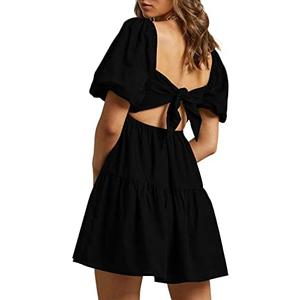 OWNGIGI Women's Summer Dress Square Neck Puffy Short Sleeve Loose Tie Back Casual A-Line Mini Dresses(S)