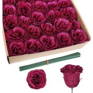 Glitter Flowers,30PCS Artificial Roses with Stems Silk Roses Artificial Flowers for Crafts Wedding Bouquet Home Decoration(Rose Red)